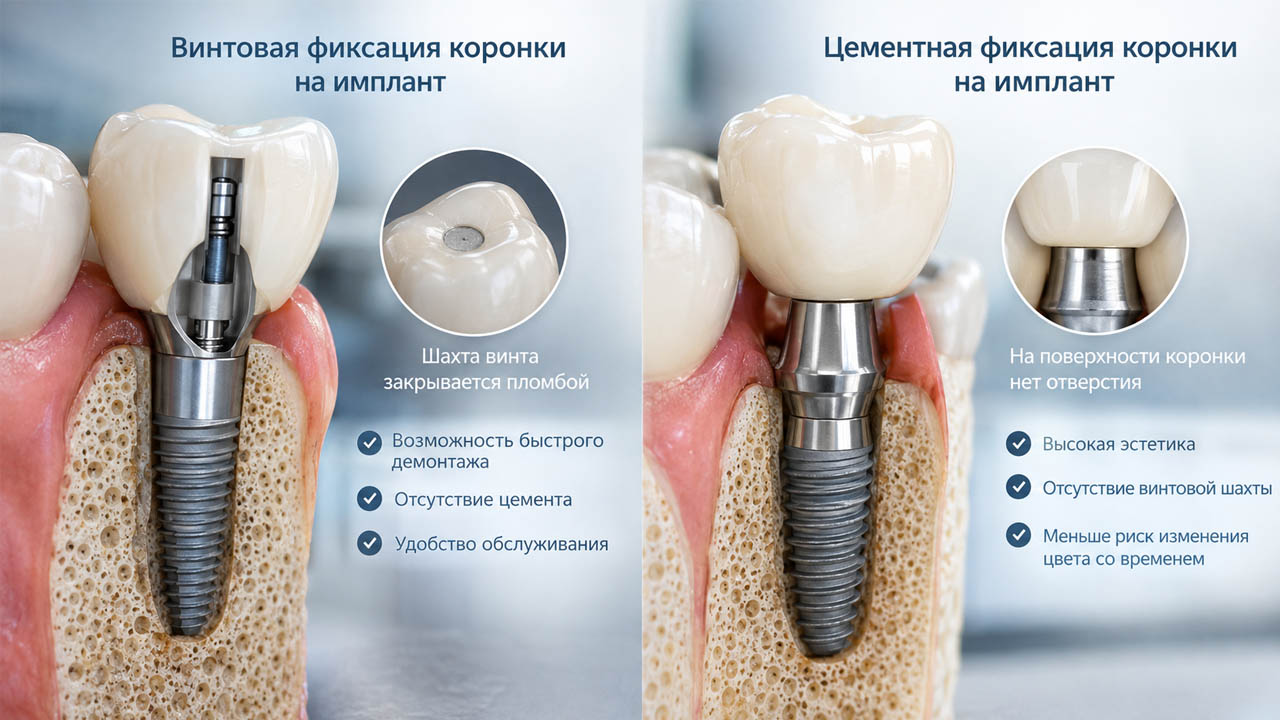 Виды фиксации коронок на имплантах: винтовой и цементный методы